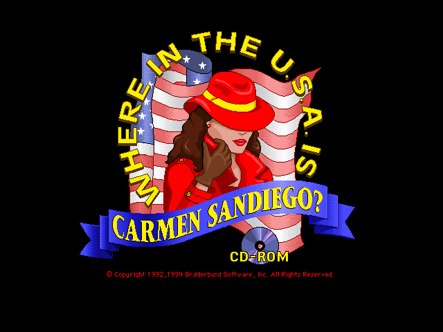 Title screen: Carmen on the phone in front of an American flag, with a CD-ROM disc in the banner, © 1992, 1994 Brøderbund