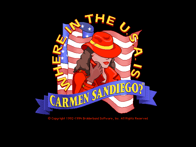 Title screen: Carmen on the phone in front of an American flag, “Where in the U.S.A. is Carmen Sandiego?”, © 1992–1994 Brøderbund