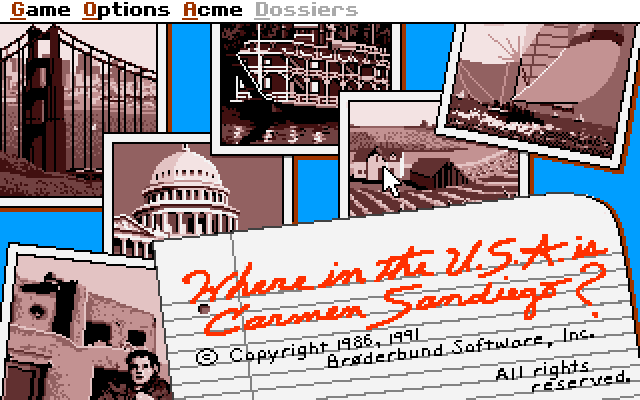 Title screen: a collage of postcards and photos with “Where in the U.S.A. is Carmen Sandiego?” written on a card, © 1986, 1991 Brøderbund