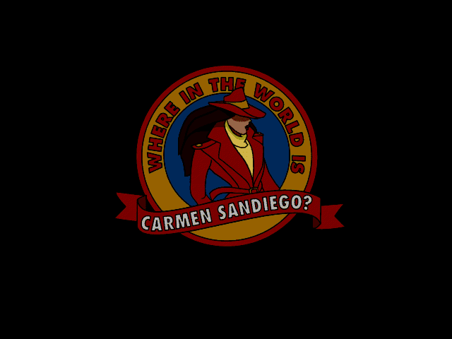 Title: the round “Where in the World is Carmen Sandiego?” badge, Carmen in her red coat and hat with a banner beneath